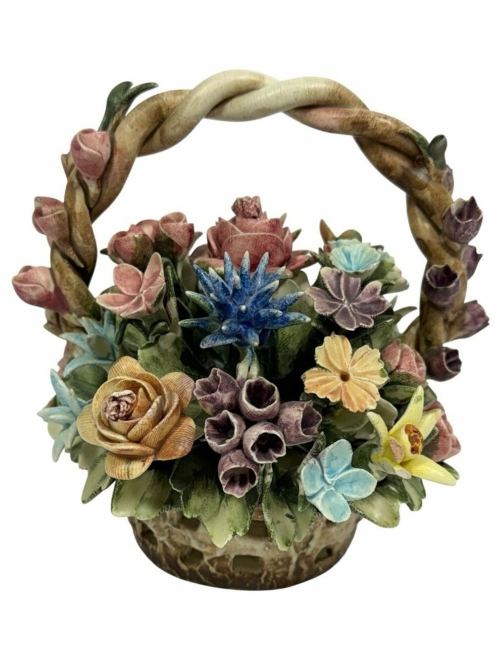 W/ STICKER Vintage Mollica Capodimonte Flower Basket Figurine 5" HIGHLY DETAILED